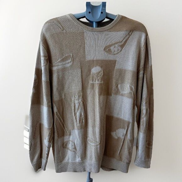 Cypress Links Sweater L Beige Cotton Knit Hong Kong Abstract Golf Patchwork Knit - Picture 1 of 5